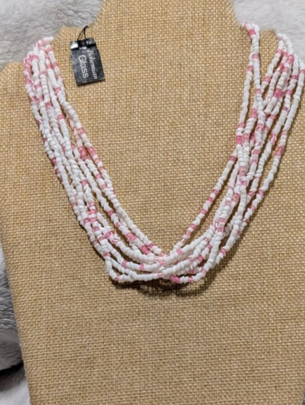 Multi-strand pink and white Bohemian glass seed bead necklace